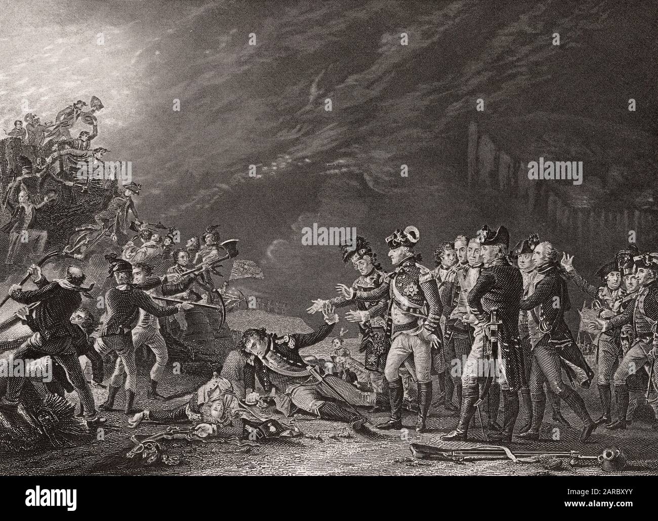 L'attaque soudaine de la garnison de Gibraltar, mort de l'officier espagnol Don Jose de Barboza, 1781 Banque D'Images