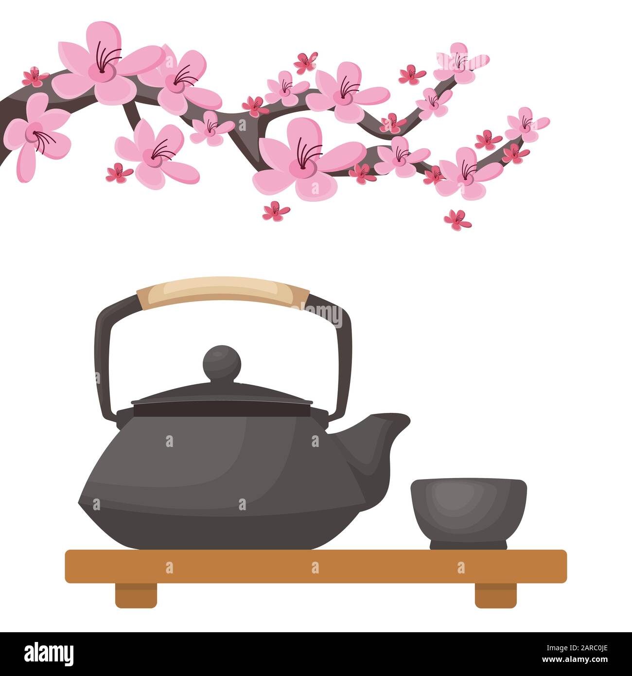 Cérémonie du thé japonais. Théière et tasse sur le plateau en bambou Sakura fleurs. Illustration de Vecteur