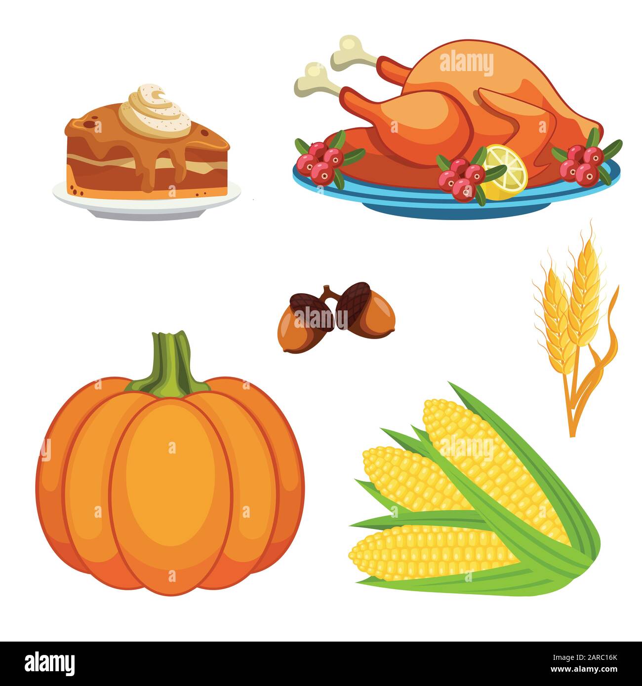 Icônes du jour de Thanksgiving définies. Tarte à la citrouille, citrouille, pommes de terre, blé, épis de maïs, dinde frite. Illustration vectorielle. Illustration de Vecteur