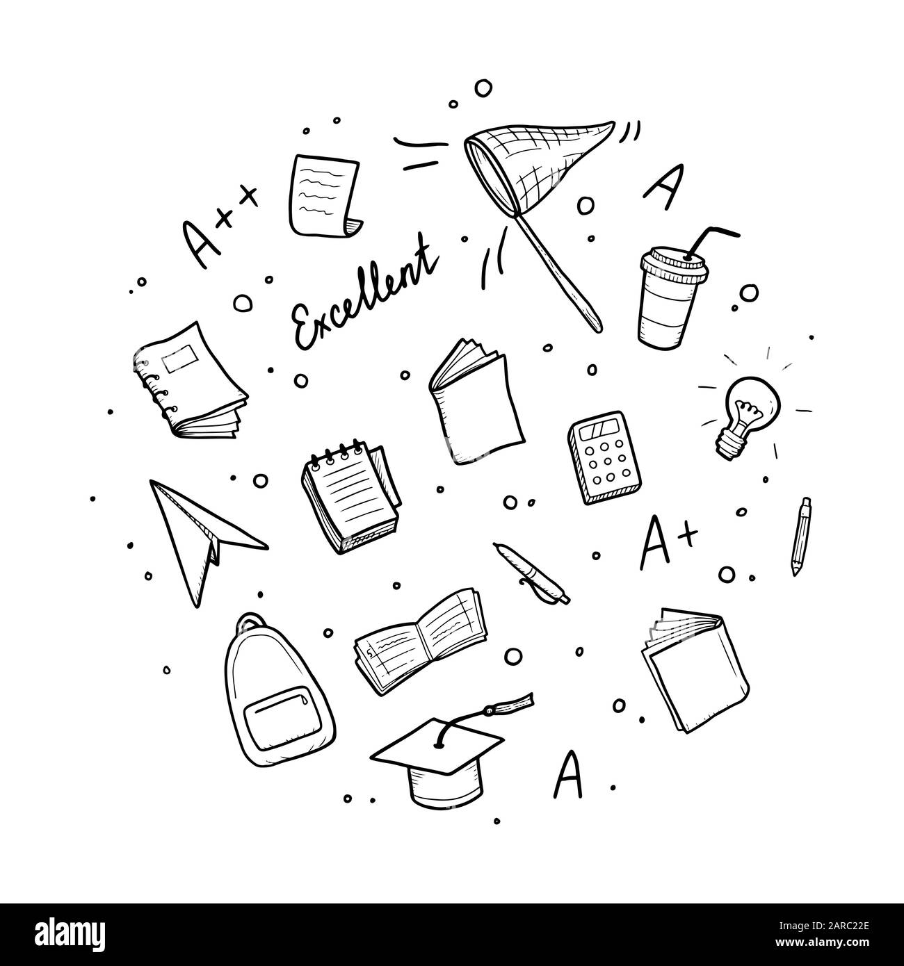 Ensemble de la main, l'élément d'étude de l'école College et de bonnes notes. Concept d'excellentes notes, l'éducation, étudiants, étude de l'élève pour bacground design. Doodle style croquis vector illustration. Illustration de Vecteur