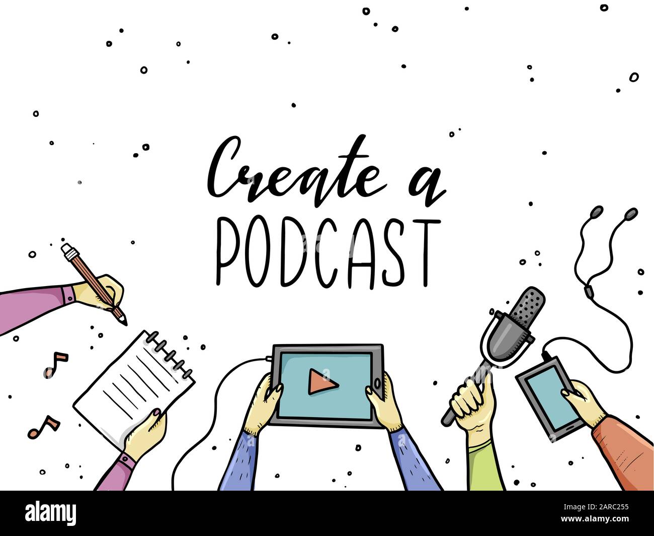 Hand drawn doodle mains style avec différents éléments, microphone, tablette, ordinateur portable. Concept de podcast, diffusion, enregistrement studio, le podcasting business. Vector illustration avec texte, lettrage place Illustration de Vecteur