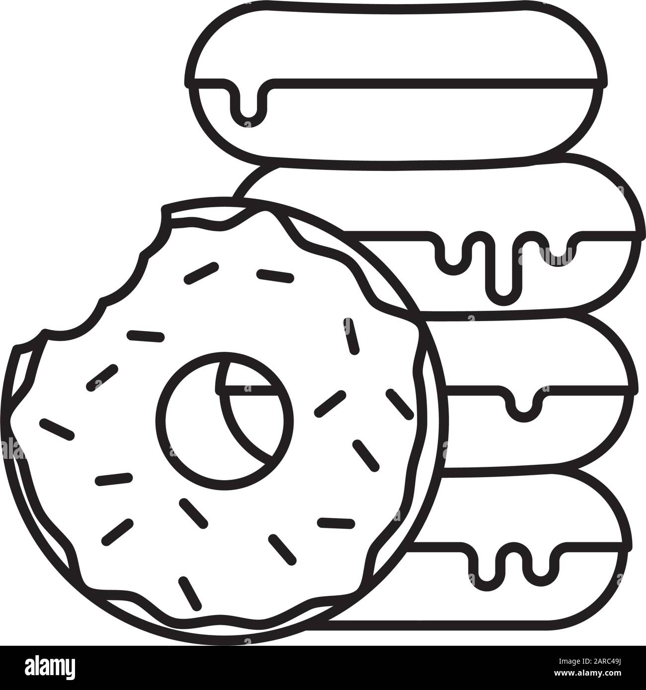 Pile de beignets avec icône de contour vectoriel givrage et saupoules. Symbole de la pâtisserie et de la cuisine sucrée. Illustration de Vecteur
