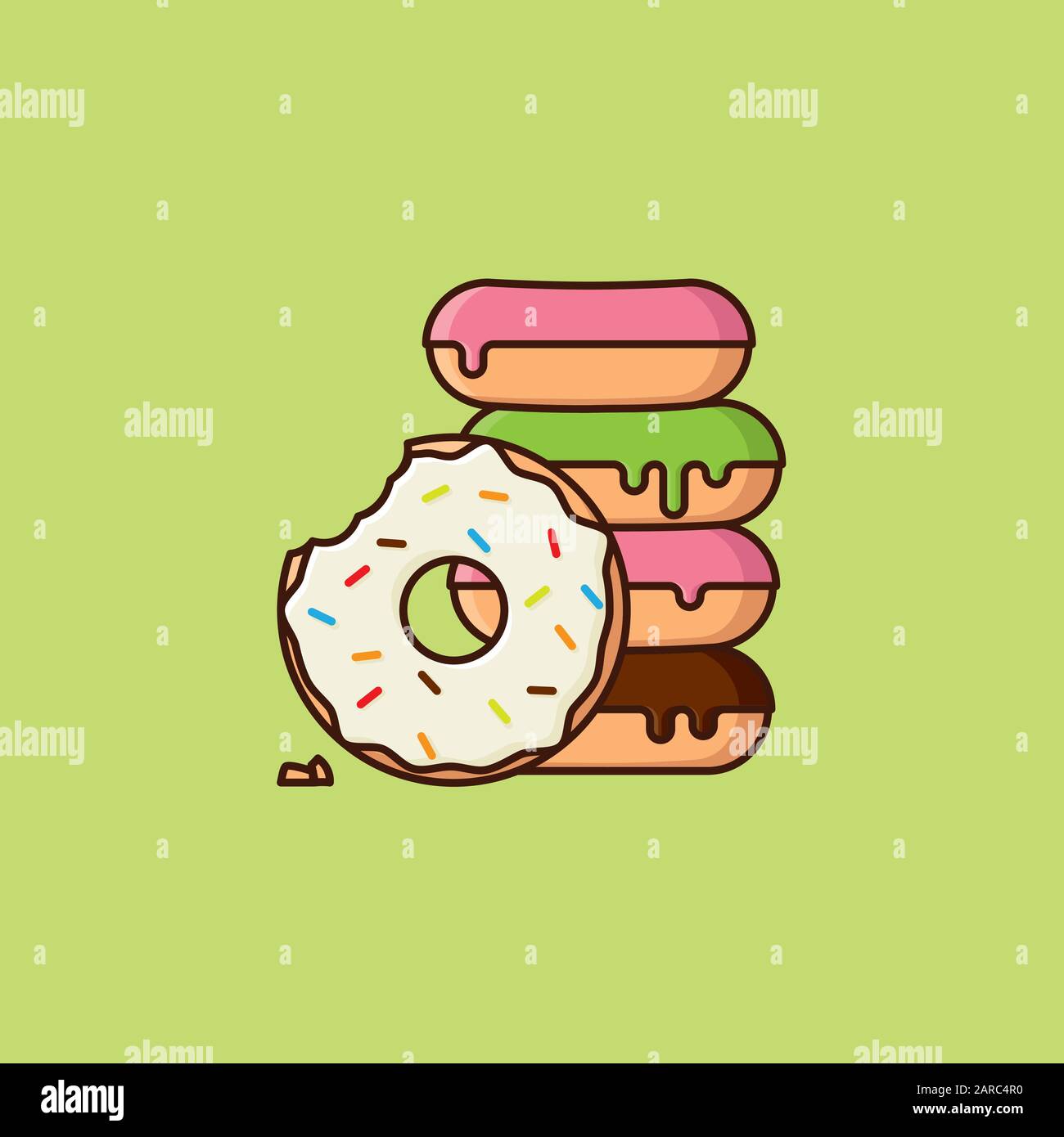 Pile de beignets avec du rose, du vert, du chocolat et des saupoules. Illustration vectorielle pour #FatThursday le 20 février. Symbole de la pâtisserie et de la cuisine sucrée. Illustration de Vecteur