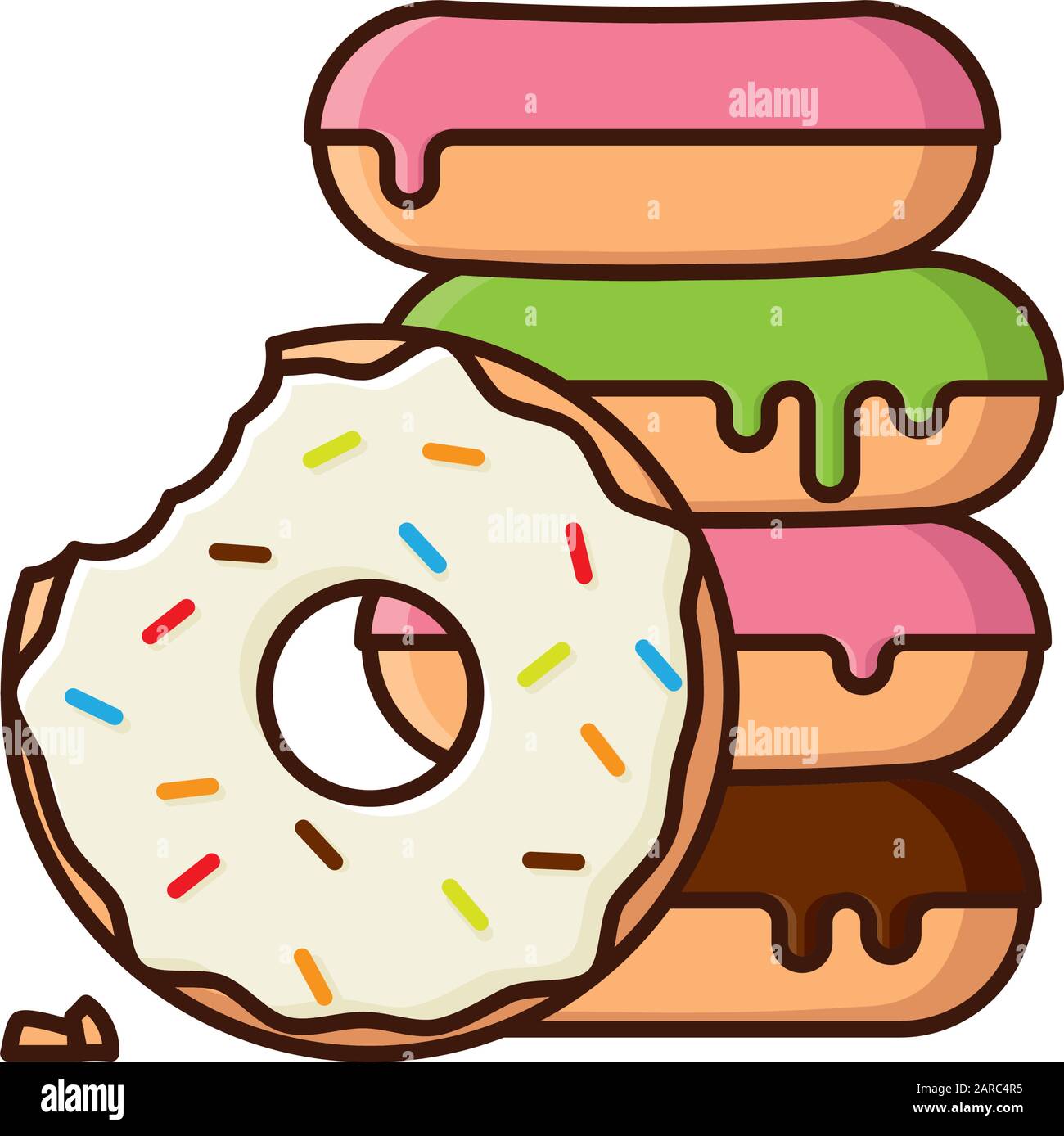 Pile de beignets avec du rose, du vert, du chocolat et des saupoules. Illustration vectorielle isolée symbole de la pâte et de la nourriture douce. Illustration de Vecteur
