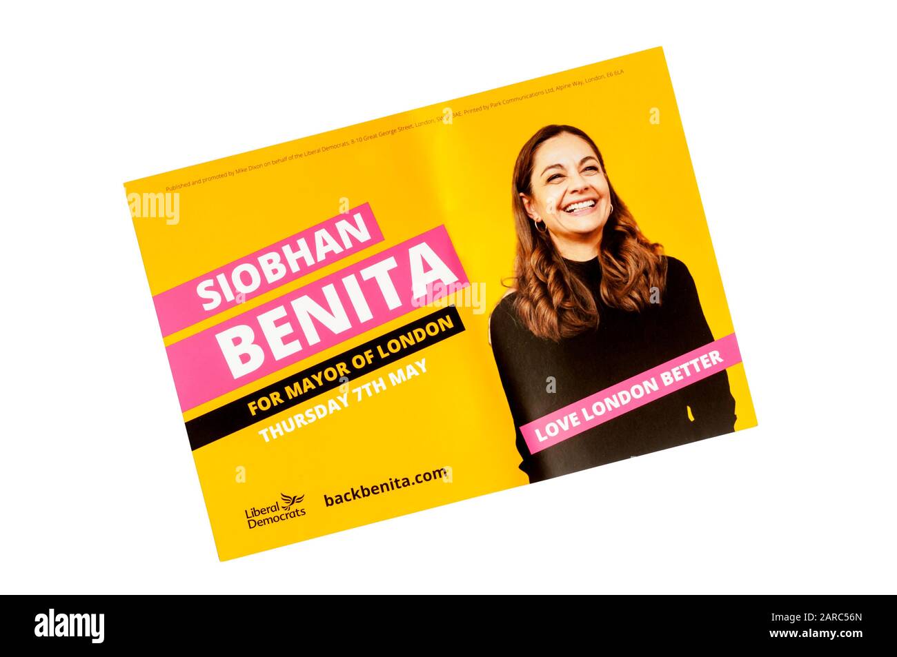 Un dépliant de campagne de Siobhan Benita, qui sera maire de Londres pour les libéraux-démocrates aux élections mayorales de Londres de 2020. Banque D'Images