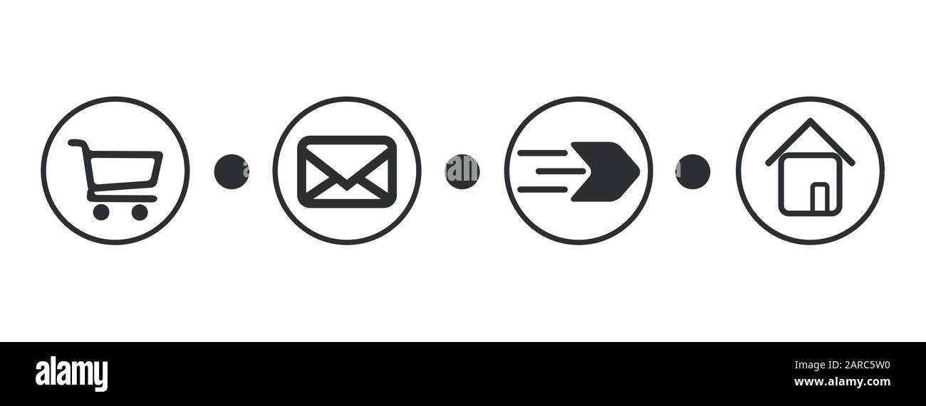 État de livraison de la commande, icônes de vecteur de suivi de colis post. Commander la barre de traitement des colis, le navire, en transit et les panneaux de livraison pour l'application de livraison express de coursier et les icônes simples de Web plat eps 10 Illustration de Vecteur