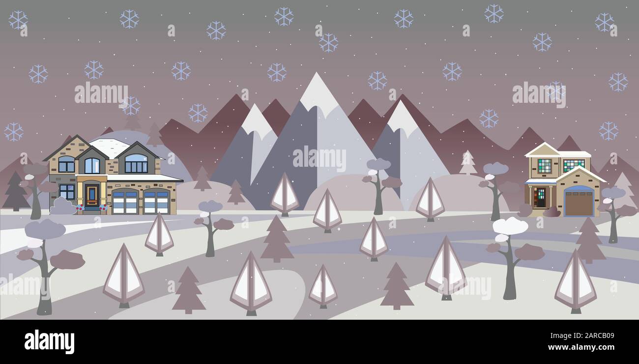 Paysage de neige d'hiver avec maisons, arbres et montagnes. Les immeubles de banlieue en paysage d'hiver. Télévision Vector Illustration. Maison & Design détaillé Illustration de Vecteur