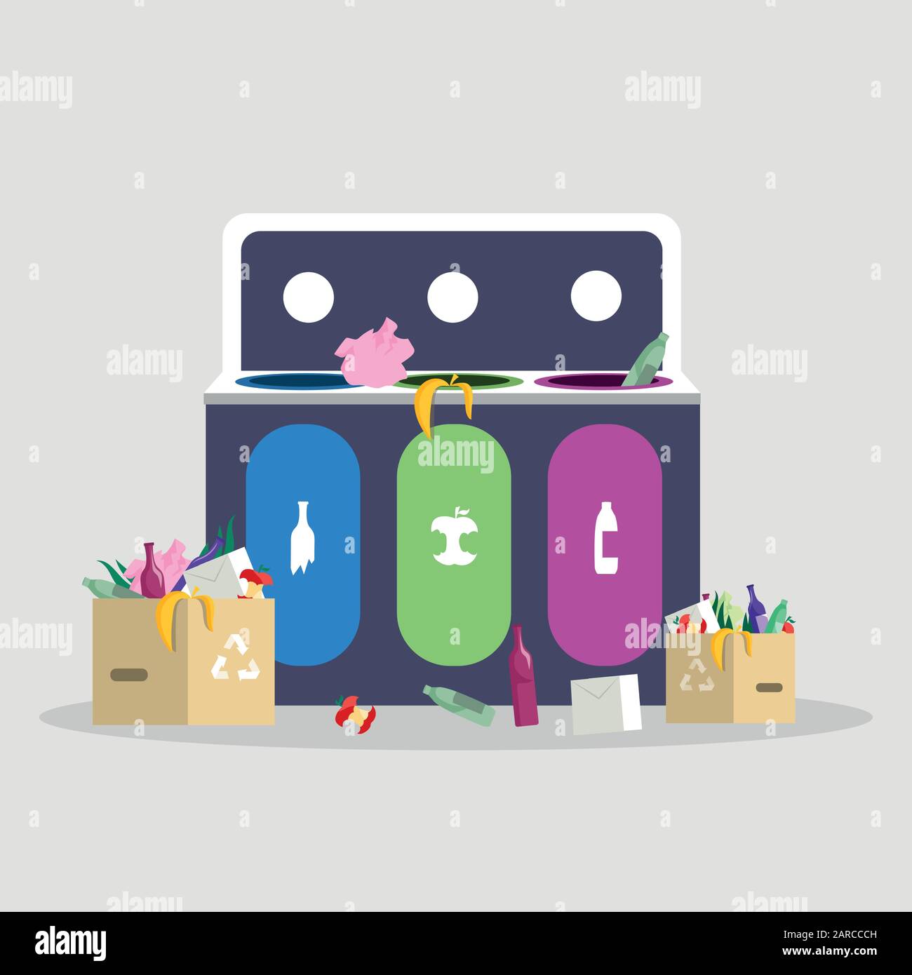 Tri des déchets, illustration vectorielle plate de séparation. Gestion des déchets, recyclage et réduction, concept de séparation des déchets. Conteneur de déchets isolés de dessins animés avec déchets plastiques, en verre et organiques Illustration de Vecteur