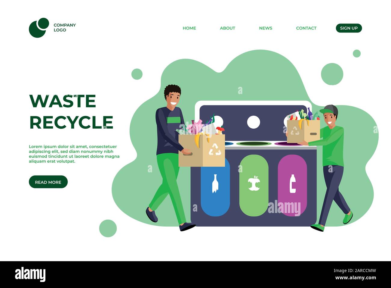 Modèle de page d'accueil à plat de tri des déchets. Gestion des déchets, réduction des déchets, séparation et recyclage conception d'un site Web d'une page. ECO amical, durable style de vie page d'accueil dessin animé couleur disposition Illustration de Vecteur