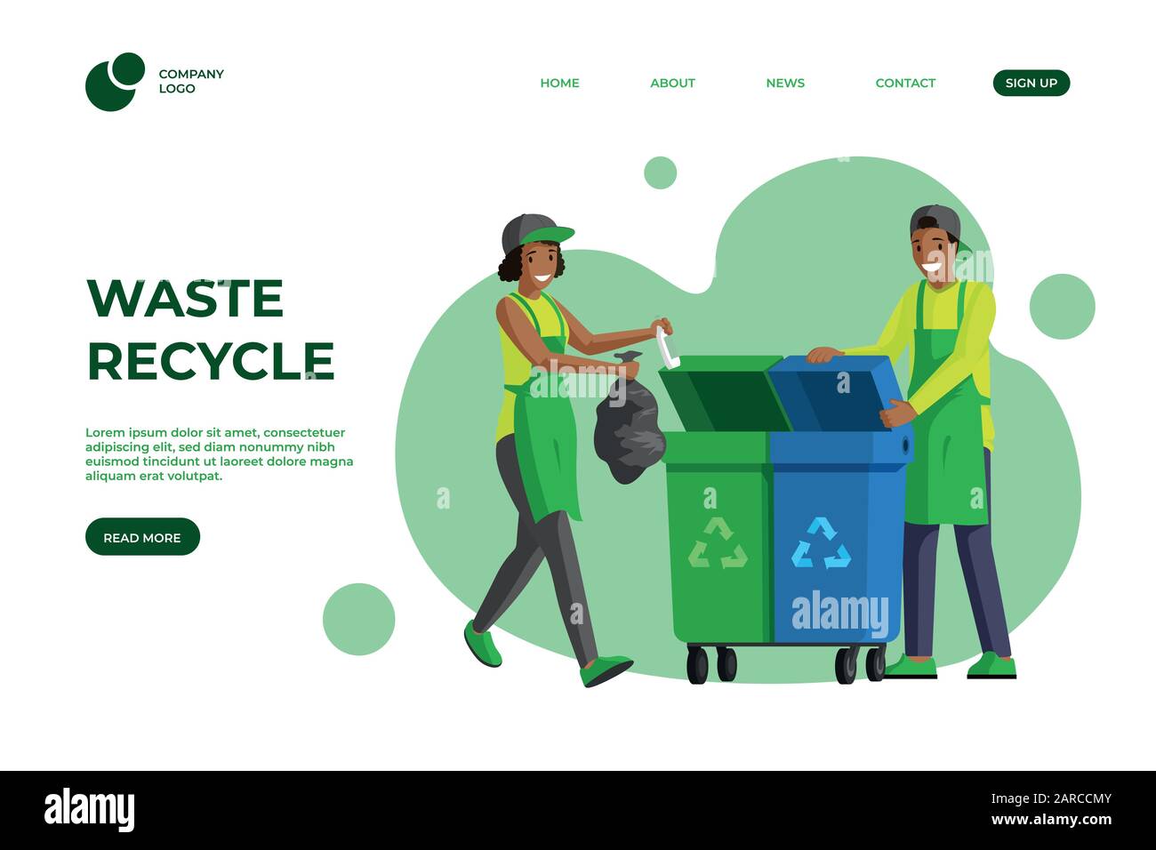 Modèle plat de page d'accueil de recyclage des déchets. Réduction des déchets, gestion des déchets, mode de vie durable conception d'un site Web d'une page. Nettoyage volontaire, tri des déchets page d'accueil dessin animé mise en page vectorielle Illustration de Vecteur