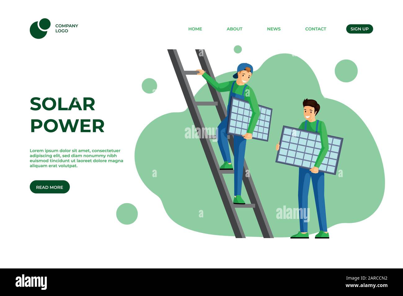 Modèle plat de la page d'atterrissage de l'énergie solaire. Utilisation de la conception alternative et renouvelable du site Web sur l'énergie verte. Installation de panneaux solaires, service de montage de module photovoltaïque web une page disposition de dessin animé Illustration de Vecteur