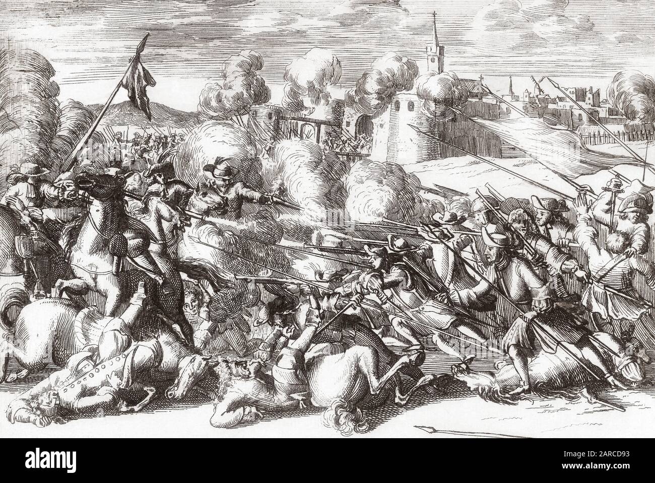 La bataille de Newtowbutler, près d'Enniskillen, Comté de Fermanagh, Irlande, 31 juillet 1689, pendant la guerre de Williamite. Les Williamites ont routé les Jacobites dans l'interception. Banque D'Images