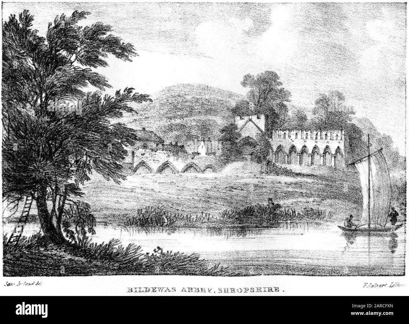 Lithographie de l'abbaye de Bildewas (Buildwas), Shropshire a numérisé à haute résolution. À partir d'un livre imprimé en 1824. Considéré comme libre de droits d'auteur. Banque D'Images
