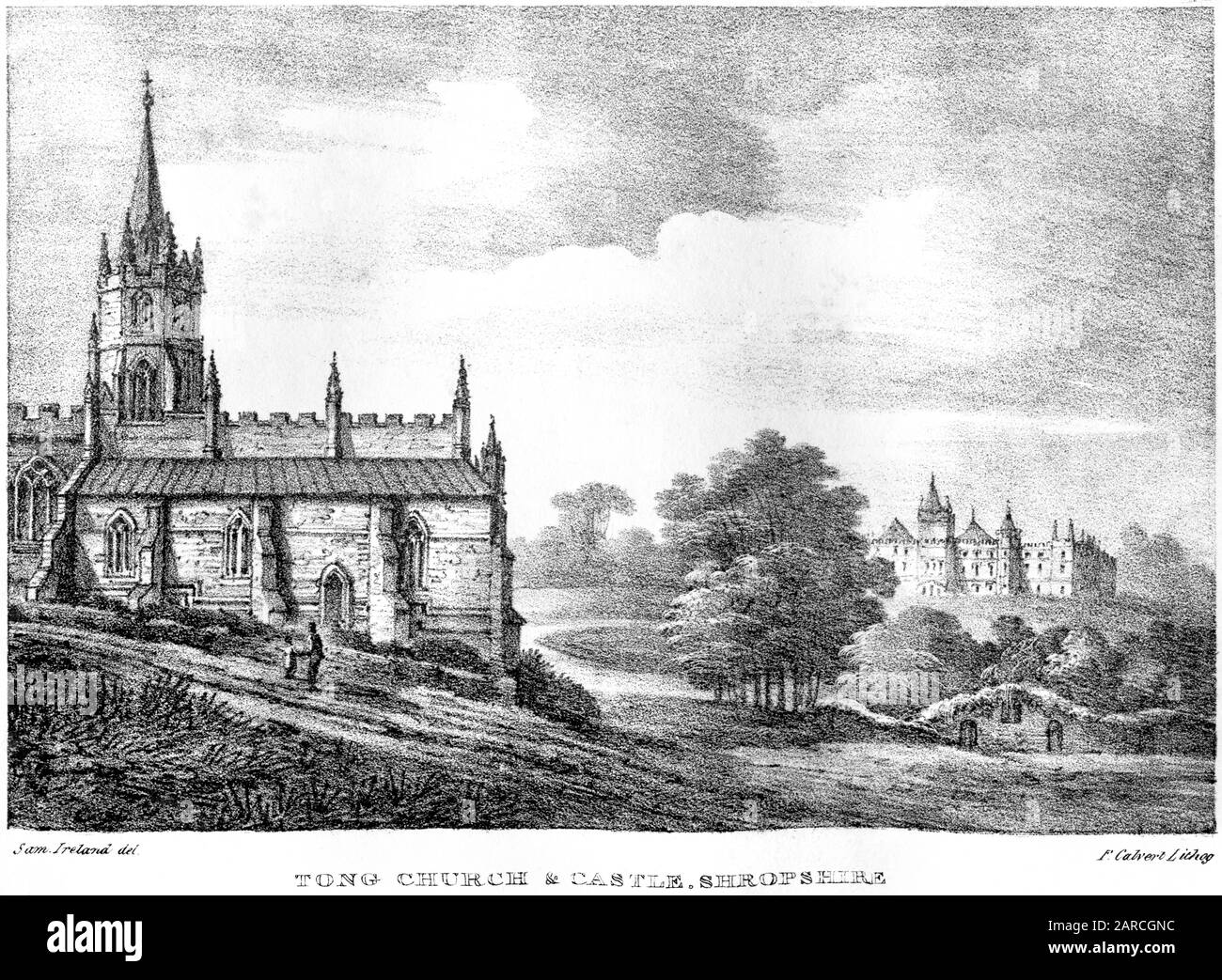 Une lithographie de Tong Church & Castle, Shropshire numérisé à haute résolution. À partir d'un livre imprimé en 1824. Considéré comme libre de droits d'auteur. Banque D'Images