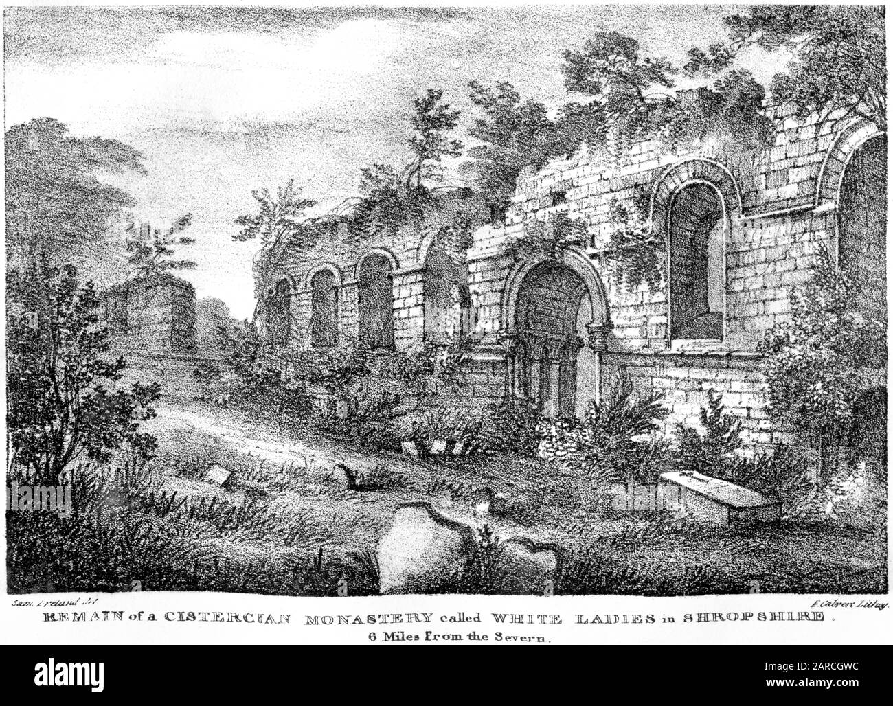 Lithographie Du Reste d'un monastère cistercien (Augustinien) appelé White Ladies (Prieuré) dans Shropshire à 10 miles de la Severn d'un livre de 1824. Banque D'Images