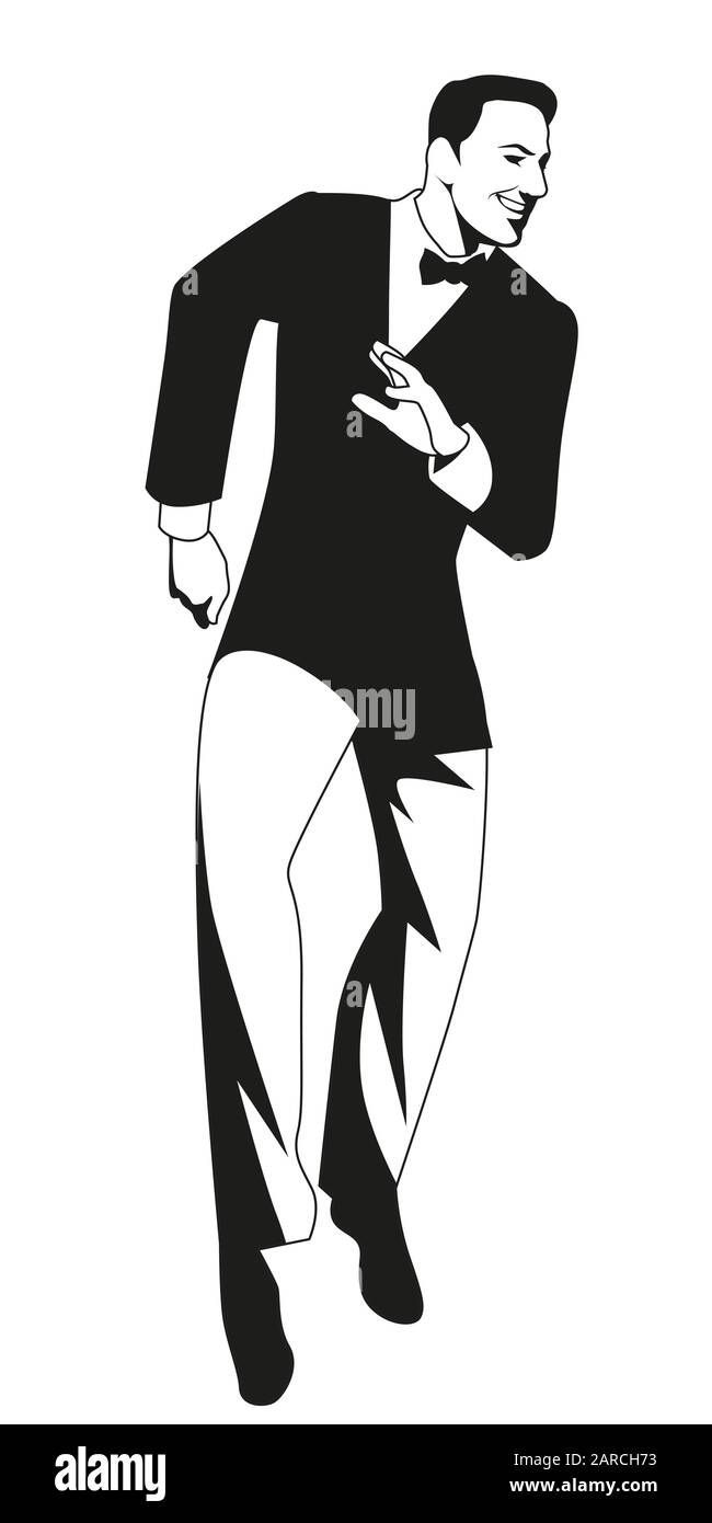 Homme élégant portant des vêtements de style vintage dansant la danse rétro isolée sur fond blanc Illustration de Vecteur