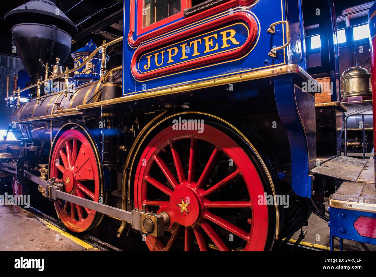 Locomotives à vapeur au charbon et au bois. Répliques de moteurs à vapeur d'origine le long de Transcontinental RR.. Situé à Promontory point, Utah, États-Unis. Banque D'Images