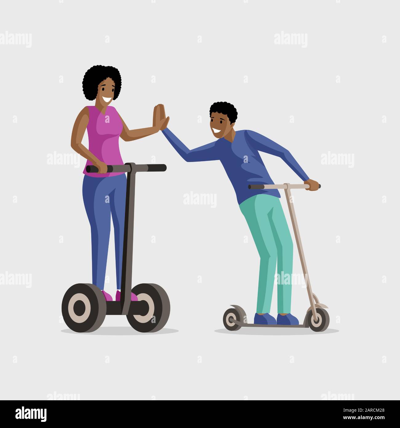 Jeunes en scooter illustration vectorielle plate. Divertissement, loisirs actifs, repos ensemble. Homme souriant et femme sur les scooters de kick caractères de dessin animé isolés sur fond blanc Illustration de Vecteur