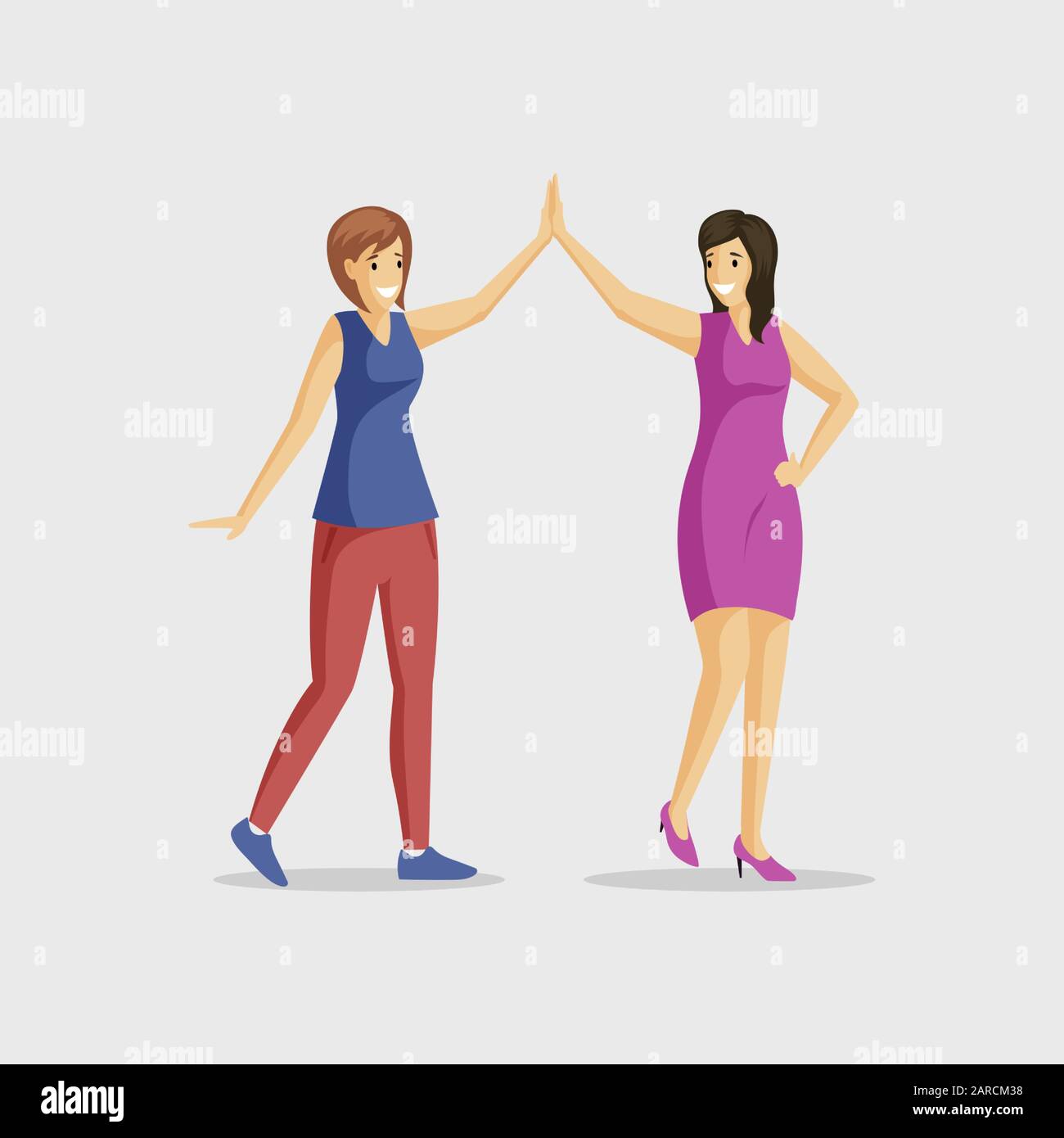 Filles souriantes donnant une illustration vectorielle élevée de cinq plats. Couple danse, l'amitié des femmes, les loisirs de bonne humeur ensemble. Des amis femmes saluent des personnages de dessin animé isolés sur fond blanc Illustration de Vecteur