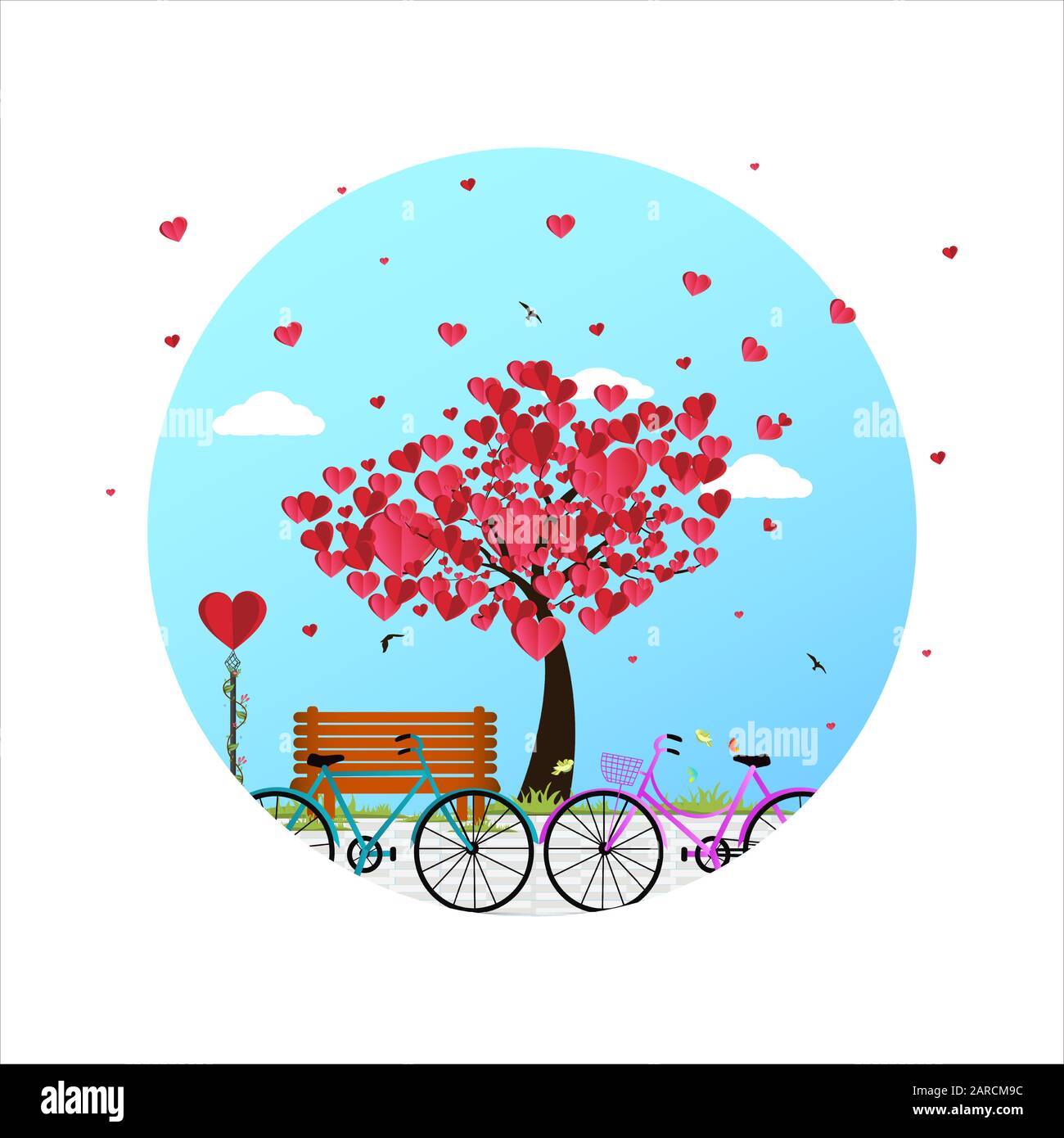 Saint Valentin fond avec un vélo et un arbre fait de coeurs. Illustration de Vecteur