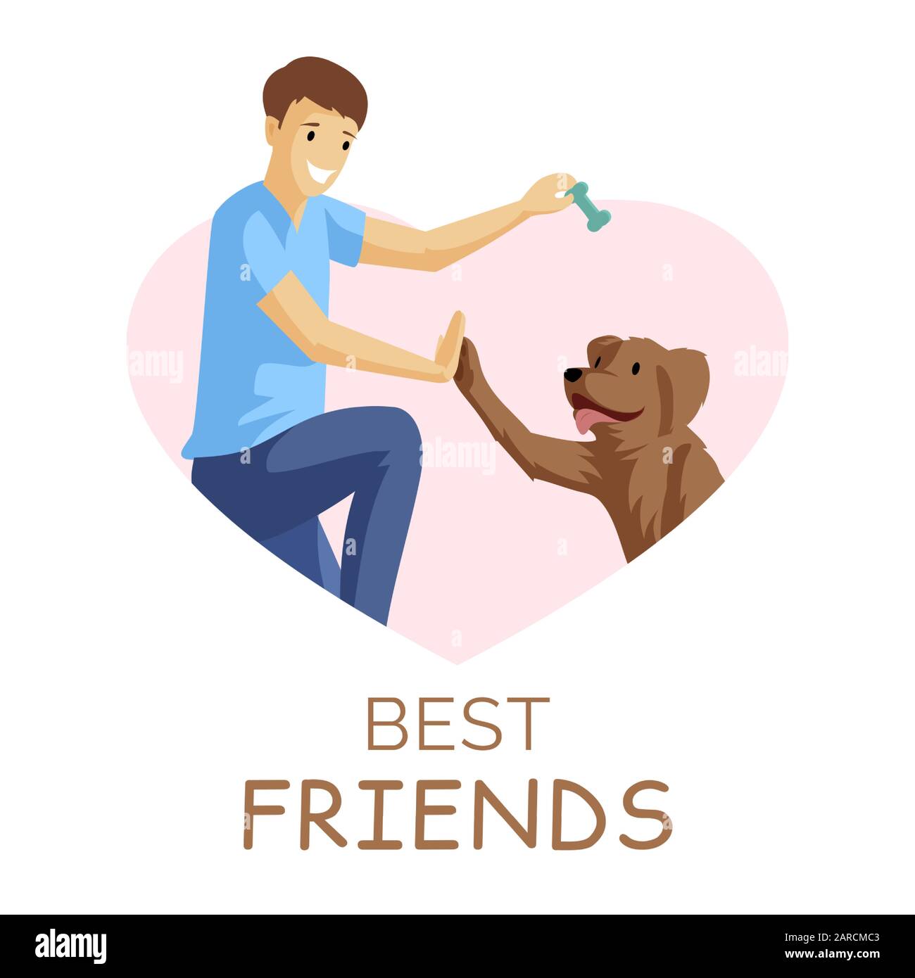 Illustration vectorielle plate BEST Friends. Guy et chien jouant ensemble  dans le cadre en forme de coeur. Émotions positives, amitié, jeune garçon  avec animal de compagnie dans le personnage de dessin animé