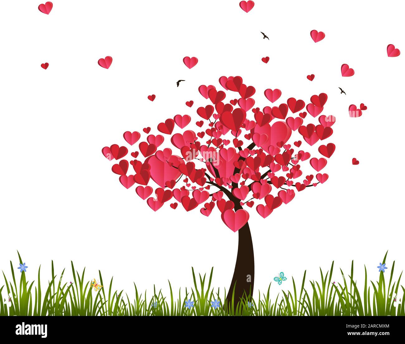 Heureux arbres de Saint-Valentin avec des feuilles de forme de coeur, beau papillon, illustration vectorielle. Illustration de Vecteur