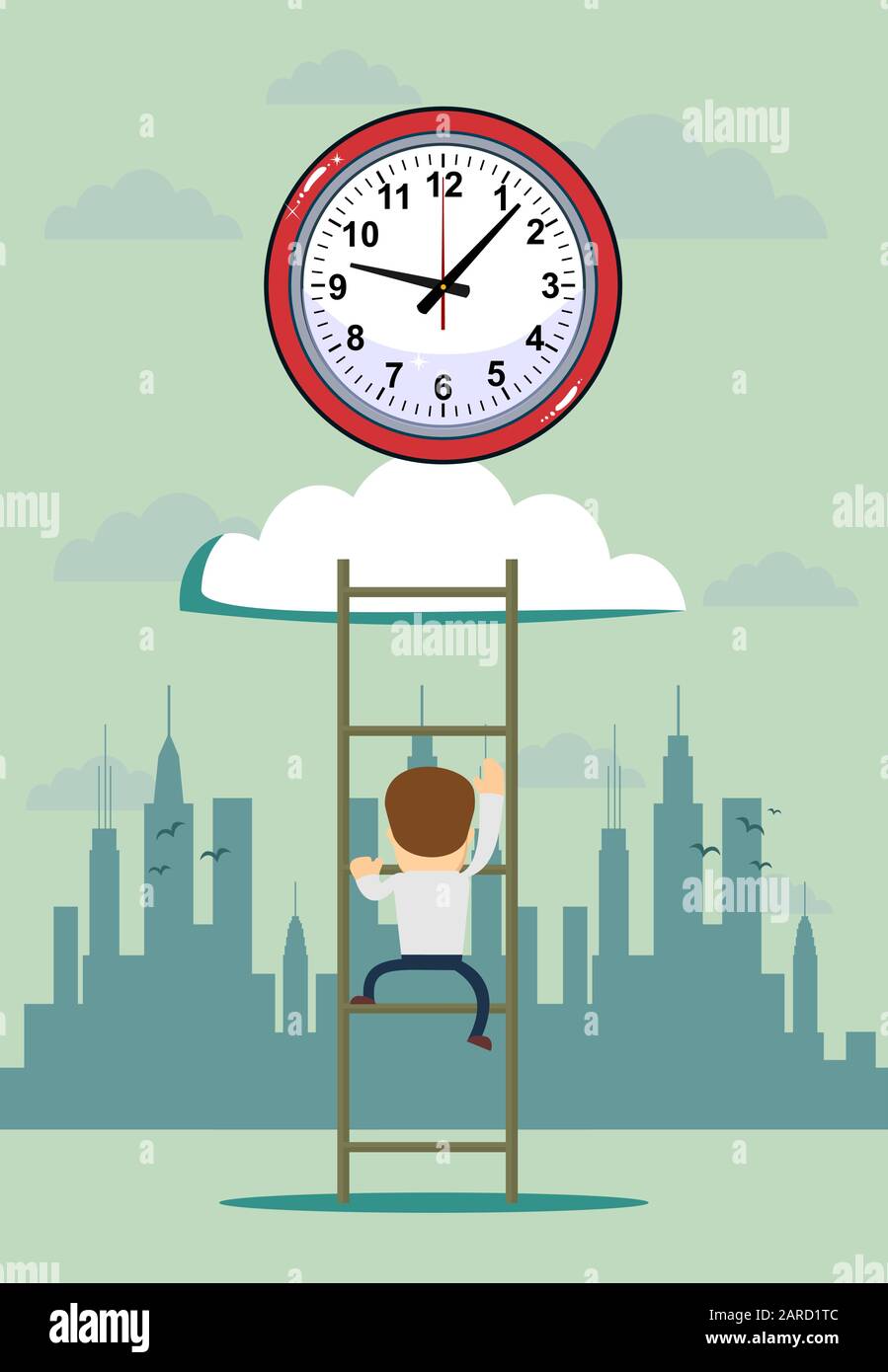 symbole du temps sur le nuage avec échelle en bois et homme. Illustration de Vecteur