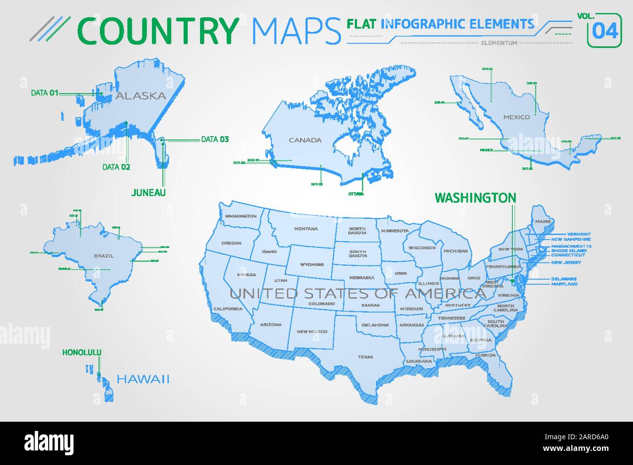 États-unis d'Amérique, Alaska, Hawaï, le Mexique, le Canada et le Brésil de cartes vectorielles Illustration de Vecteur