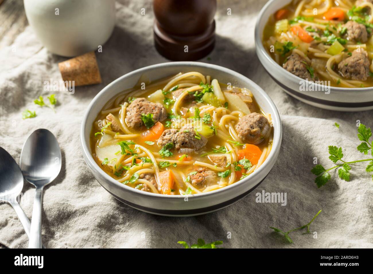 Soupe maison Sopa la Minuta Meatball aux Pommes de Terre et Aux Nouilles Banque D'Images