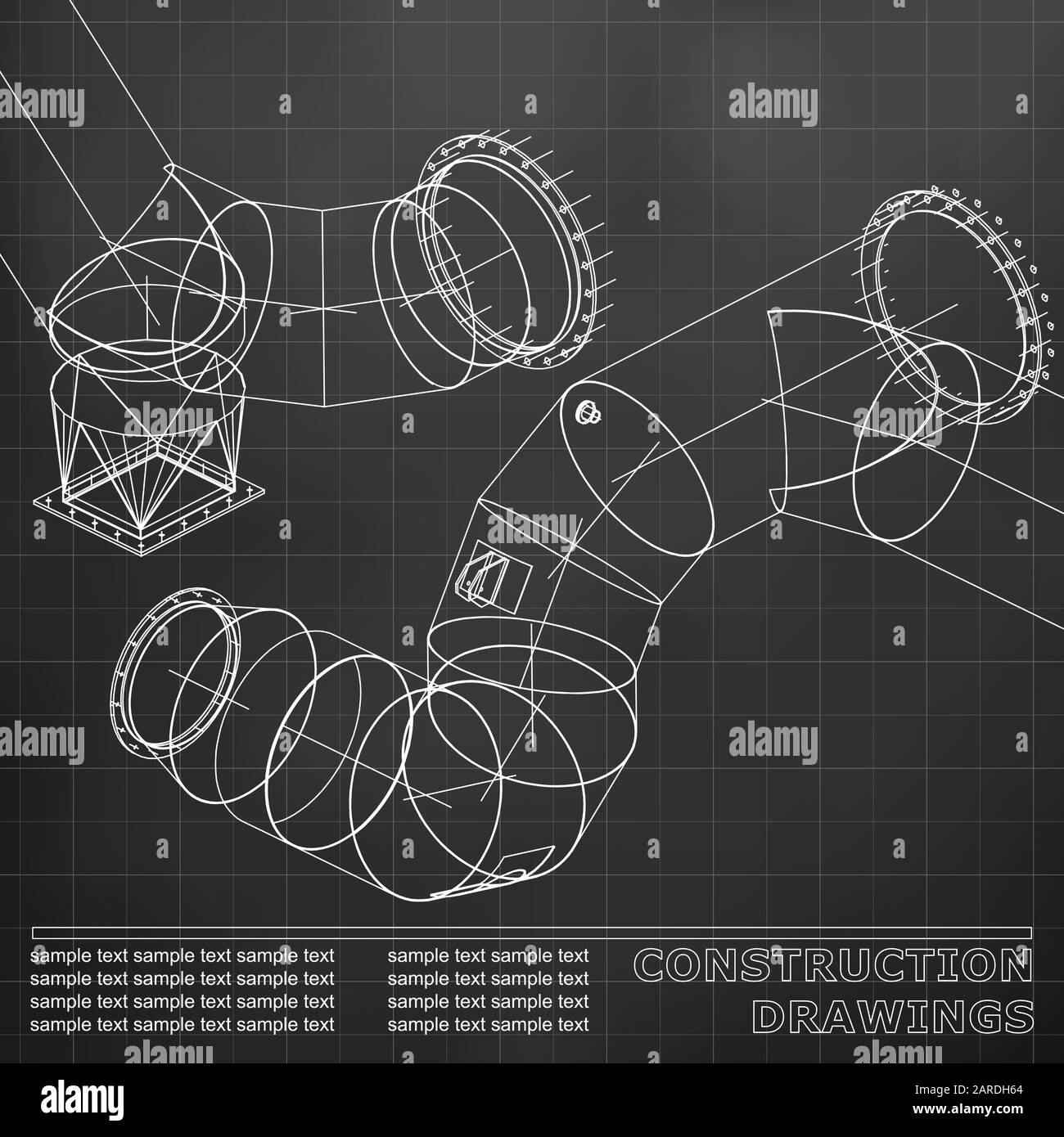 Noir. Grille. Dessins de structures en acier. Tuyaux et tuyaux. plan tridimensionnel des structures en acier. Arrière-plan pour votre conception Illustration de Vecteur