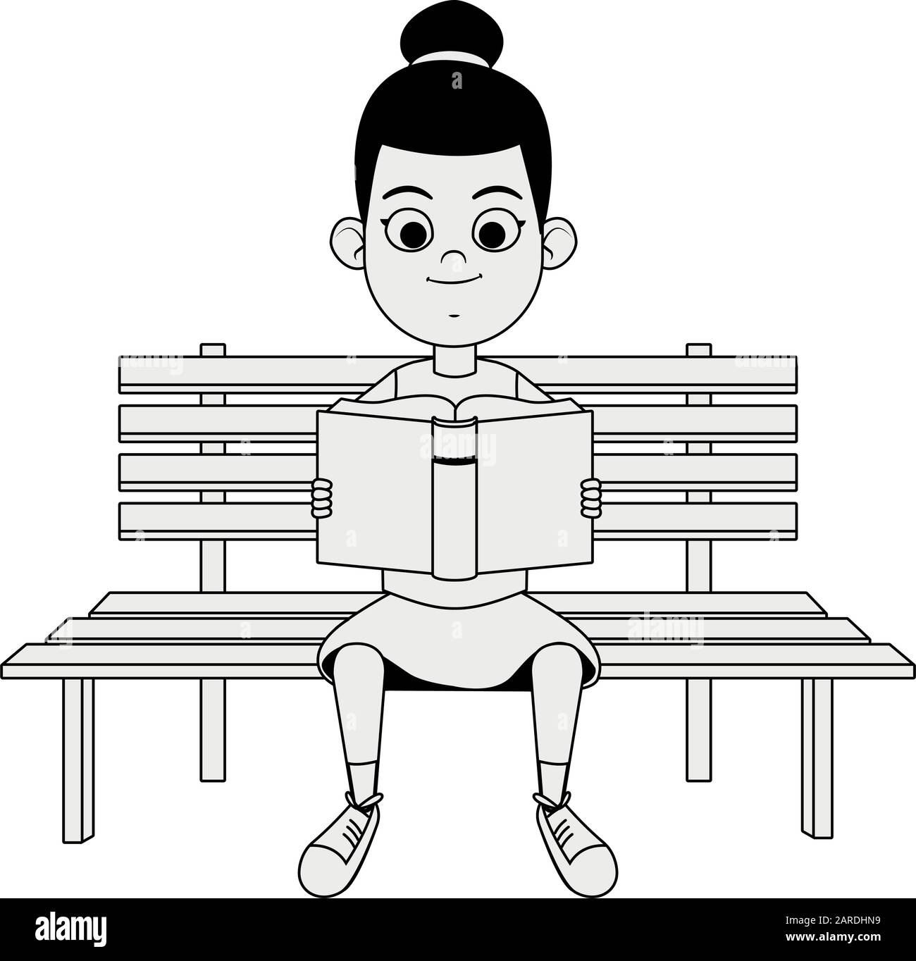 caricature jolie fille lecture d'un livre assis sur un banc Illustration de Vecteur