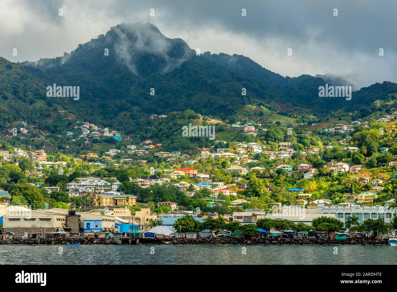 Vue sur la côte avec de nombreuses maisons de vie sur la colline, Kingstown, Saint-Vincent-et-les Grenadines Banque D'Images