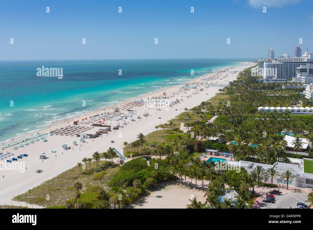 Vue imprenable sur la plage et les hôtels de South Beach, Miami Beach, Miami, Floride, États-Unis d'Amérique, Amérique du Nord Banque D'Images Vue imprenable sur la plage et les hôtels de South Beach, Miami Beach, Miami, Floride, États-Unis d'Amérique, Amérique du Nord Banque D'Images