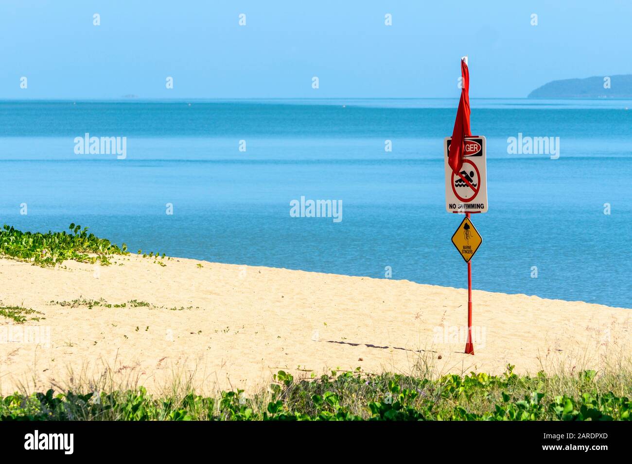 Panneau d'avertissement pour les jingles marins sur la plage de sable du Strand Townsville, North Queensland, Australie Banque D'Images