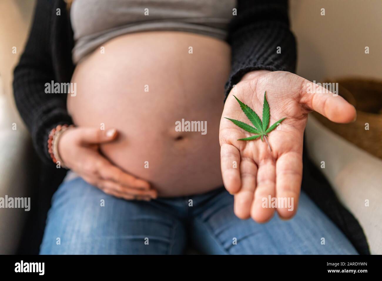 Un foyer sélectif tiré comme une femme enceinte caucasienne tient une feuille de marijuana dans la paume de la main. Cannabis, mauvaises herbes, chanvre, utilisé à des fins médicinales. Banque D'Images