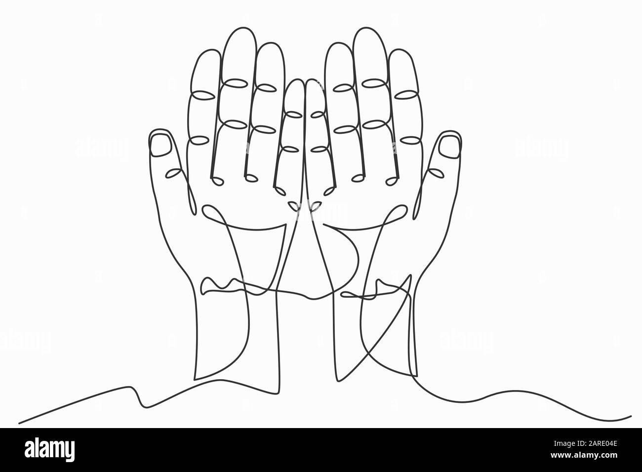 Art de ligne continu ou dessin D'une ligne de prière culte de la main chrétien. La Thérapie Eucharistique Bénisse Dieu Aidant À Repousser L'Âme Catholique De Pâques Priez. L Illustration de Vecteur