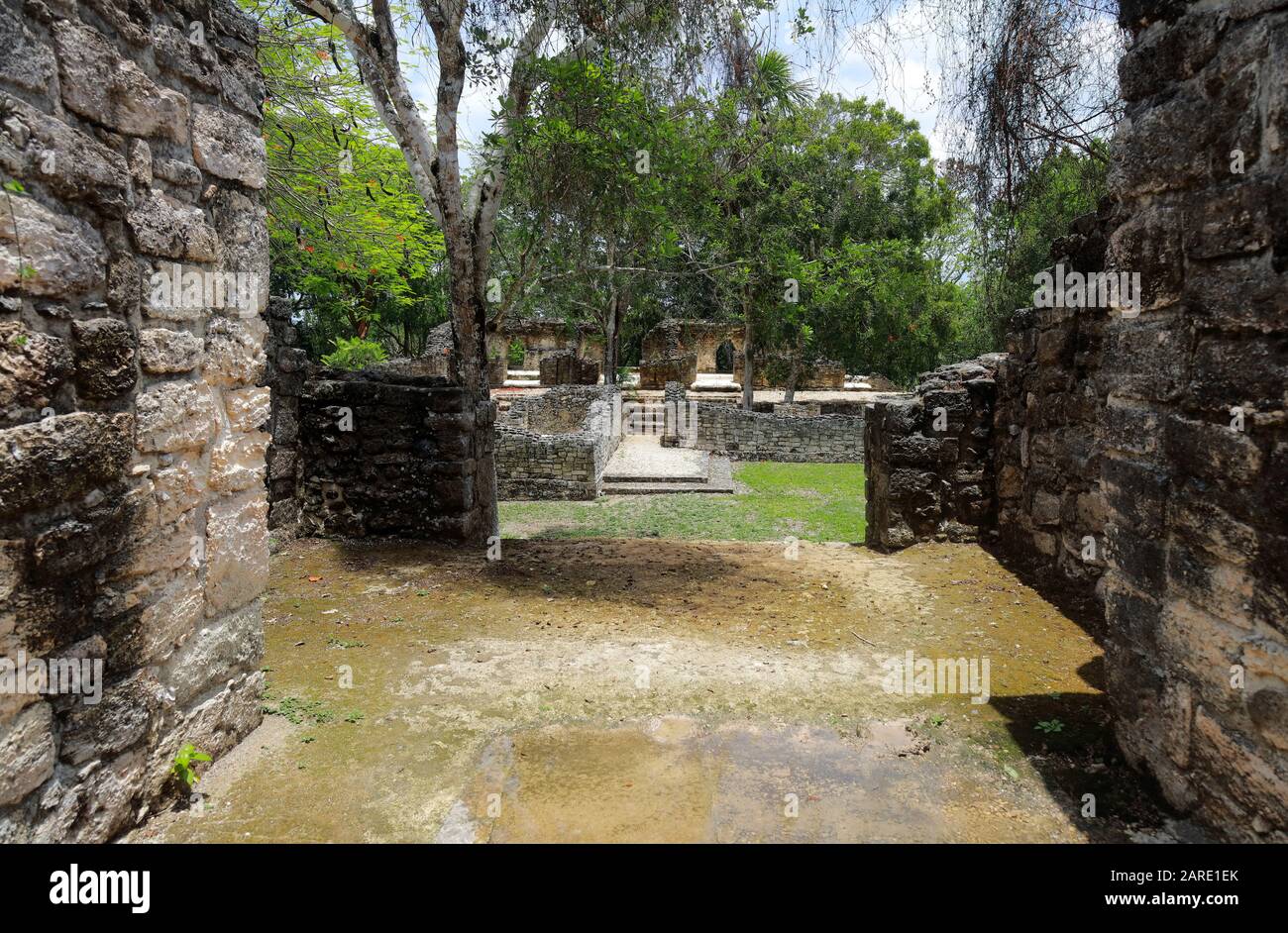 Admirez les ruines ensoleillées de l'ancienne ville maya de Kohunlich, au Mexique, ses marches en pierre, ses murs de fondation et ses terrasses sous un bleu pâle Banque D'Images