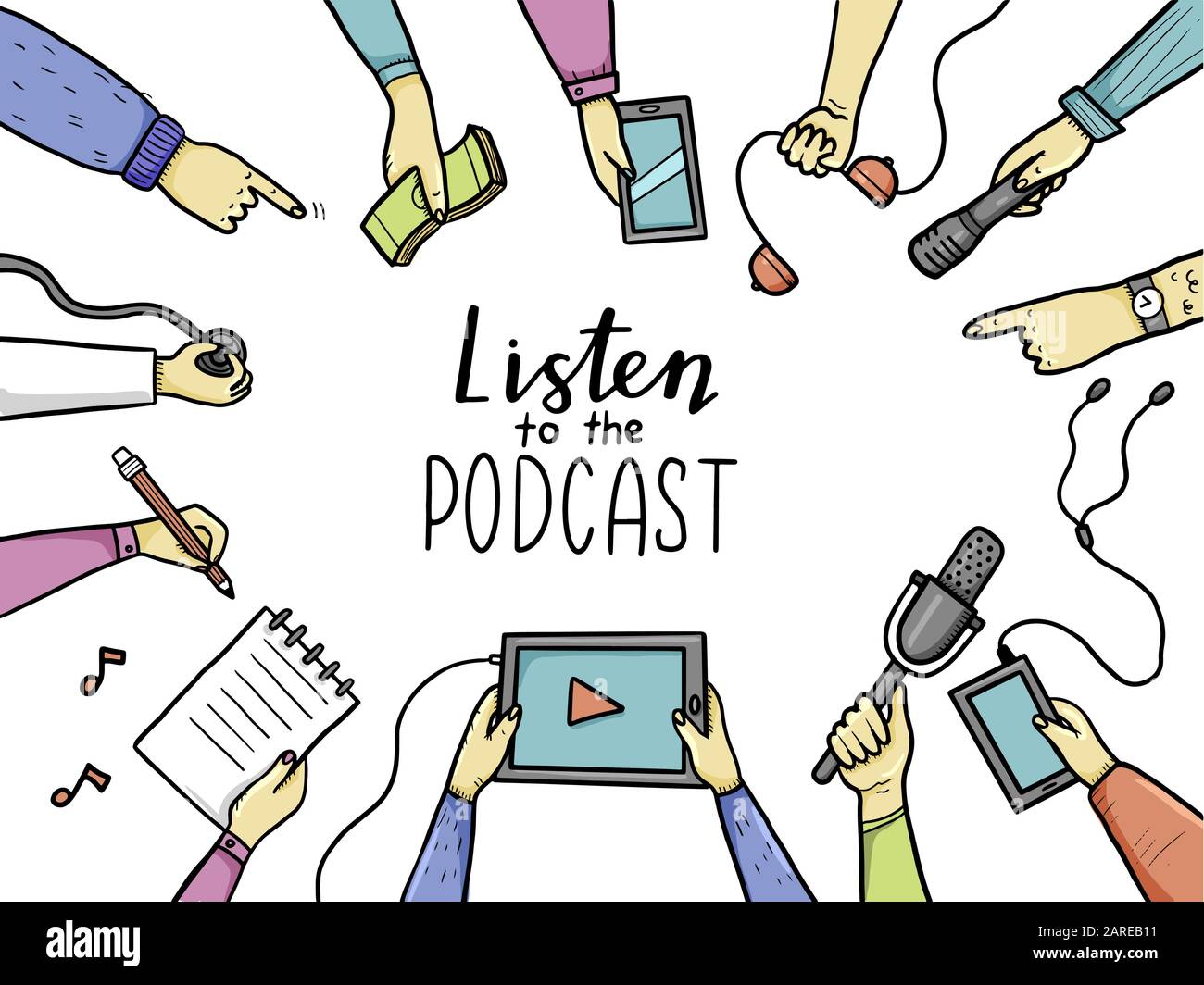 Hand drawn doodle mains style avec différents éléments, microphone, tablette, ordinateur portable. Concept de podcast, diffusion, enregistrement studio, le podcasting business. Vector illustration avec texte, lettrage place Illustration de Vecteur