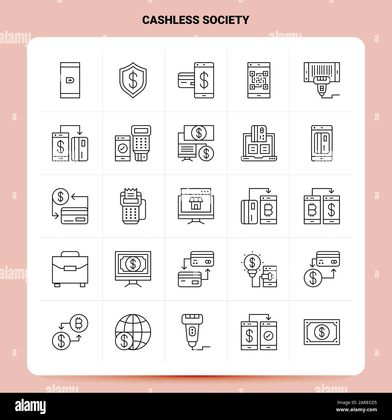 Contour 25 ensemble D'Icônes société sans Cashless. Style De Ligne Vectorielle - Jeu D'Icônes Noires. Jeu de pictogrammes linéaires. Conception des idées Web et Mobile Business Vector Ill Illustration de Vecteur