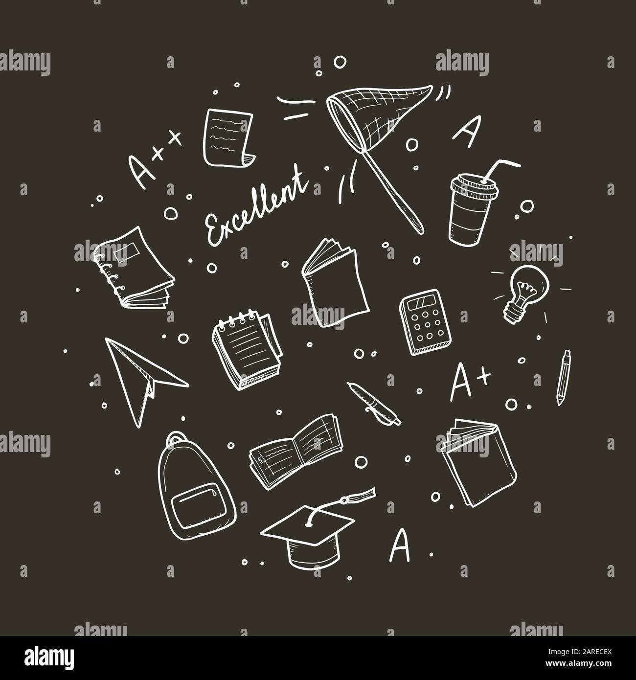 Ensemble de la main, l'élément d'étude de l'école College et de bonnes notes. Concept d'excellentes notes, l'éducation, étudiants, étude de l'élève pour bacground design. Doodle style croquis vector illustration. Illustration de Vecteur