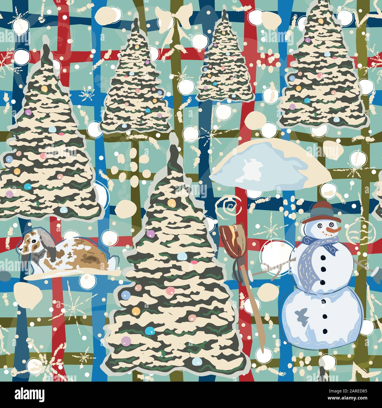 Motif d'hiver coloré décoré avec Bonhomme de neige, sapins et bunny dans la neige. Collection d'hiver. Vector Illustration Illustration de Vecteur