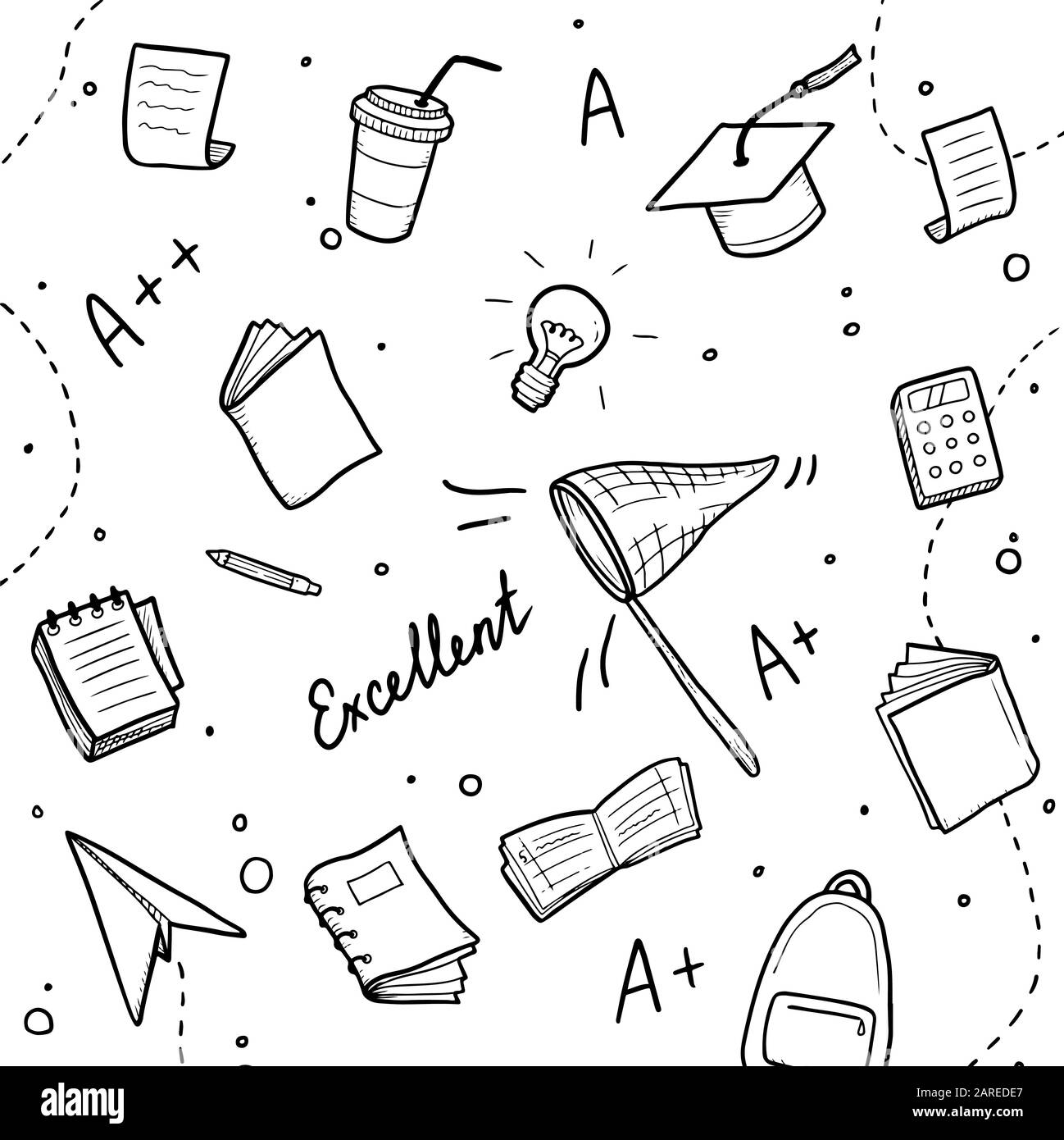 Ensemble de la main, l'élément d'étude de l'école College et de bonnes notes. Concept d'excellentes notes, l'éducation, étudiants, étude de l'élève pour bacground design. Doodle style croquis vector illustration. Illustration de Vecteur