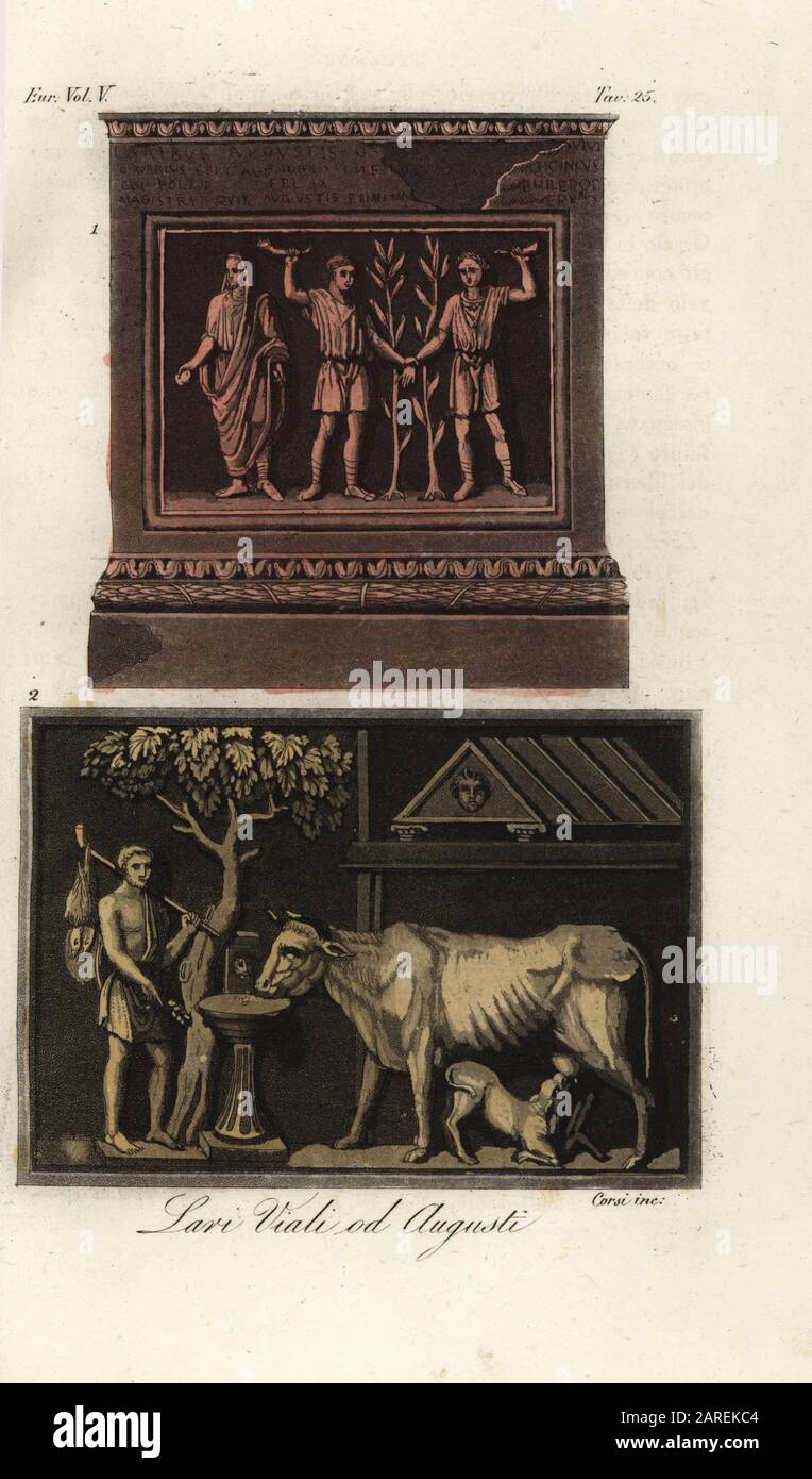 Les dieux du ménage romain ou les Lèvres dans un sanctuaire de Lararium, montrant deux jeunes hommes, le génii d'Auguste, dans des tunics et des sandales de cotrun avec des cornes à boire, trouvés à Herculaneum 1. Un rite de purification Lustrazio ou Lustratio d'une vache laitière à partir d'un bas-relief en marbre trouvé dans Otricoli 2. Lari Viali od Augusti e Lustrazione. Gravure en copperplate de couleur à la main par Corsi des costumes de Giulio Ferrario anciens et Modernes des peuples du monde, il Costume Antico e Moderno, Florence, 1843. Banque D'Images