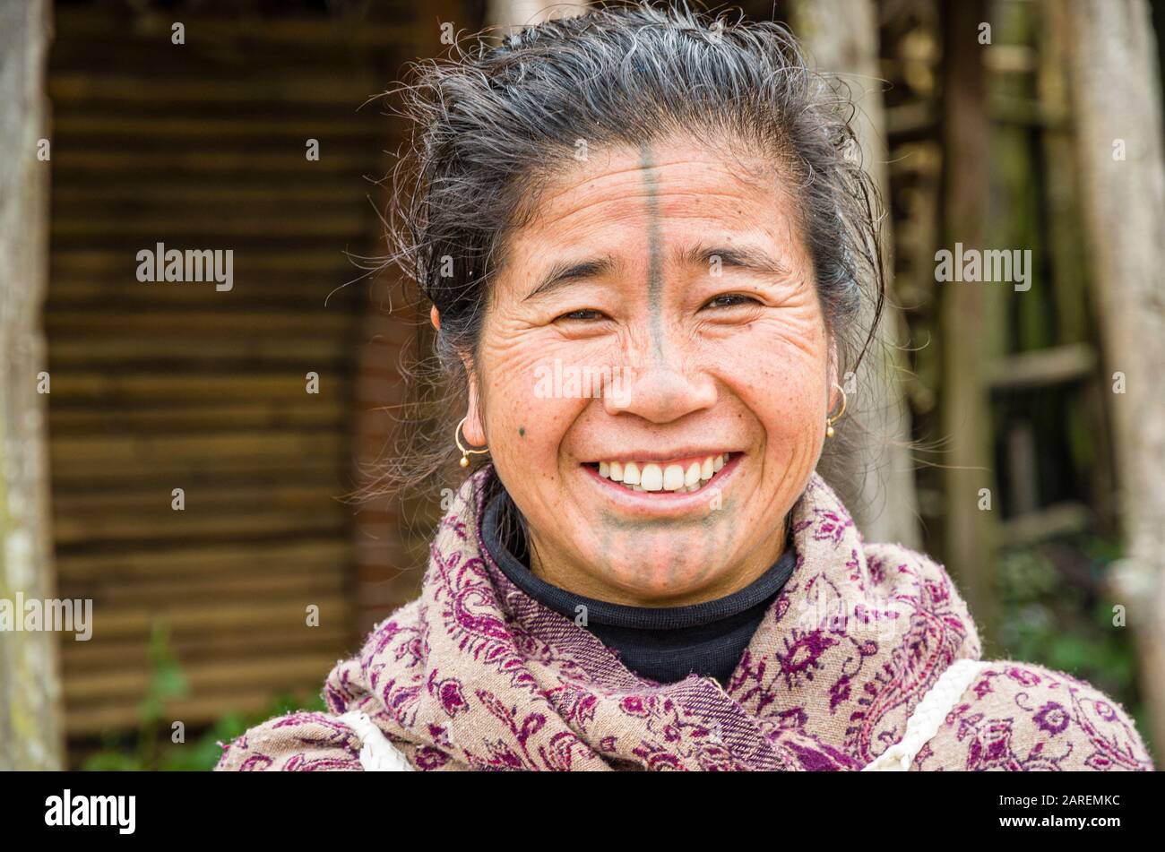 Portrait d'une femme d'Apatani sans les disques traditionnels de bambou dans ses narines Banque D'Images