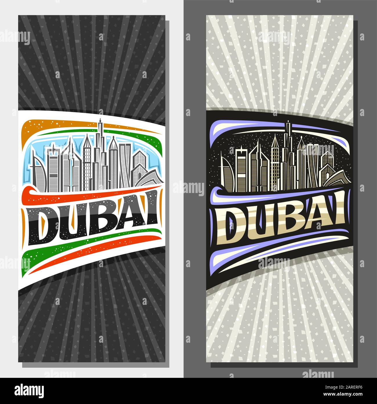 Mises en page verticales vectorielles pour Dubaï avec espace de copie, brochure décorative avec illustration en ligne du paysage urbain moderne de dubaï sur fond de jour et de ciel crépuscule, Illustration de Vecteur