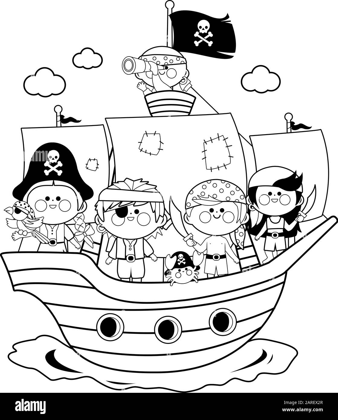 Pirate enfants, garçons et filles naviguant sur un navire. Illustration noire et blanche vectorielle Illustration de Vecteur