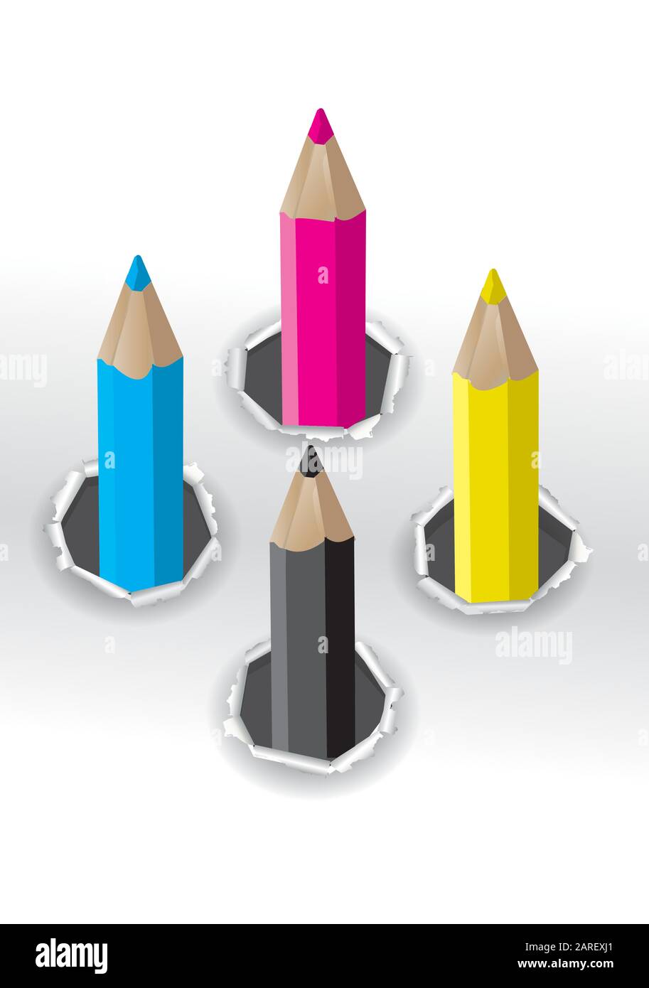 Crayons de couleurs CMJN. Trou de papier déchiré avec crayons colorés. Concept de présentation du design graphique et de l'impression couleur. Vecteur disponible. Illustration de Vecteur