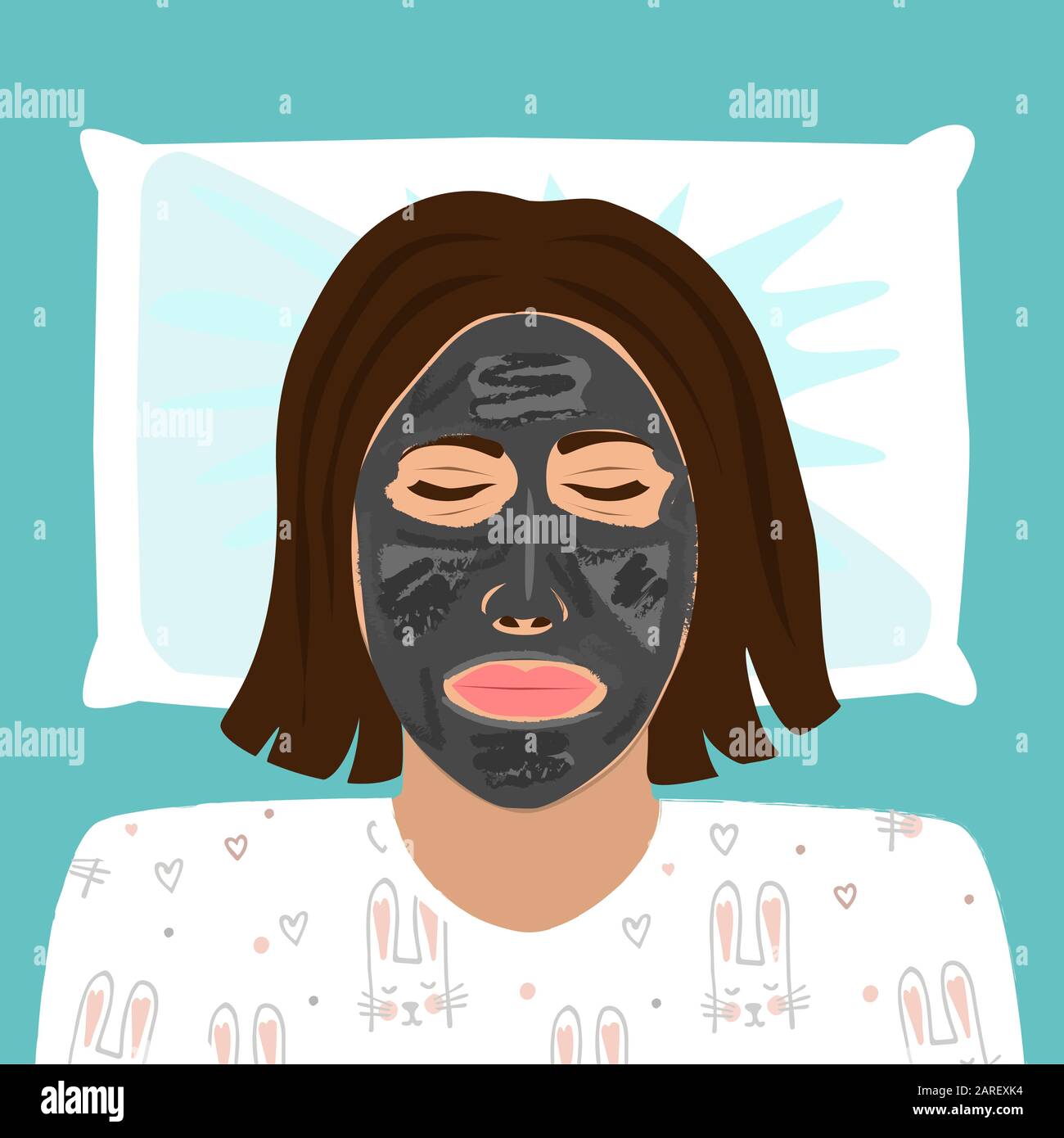 La jeune femme en pyjama se détend à la maison avec son masque de peau noir appliqué sur son visage. Illustration vectorielle Illustration de Vecteur