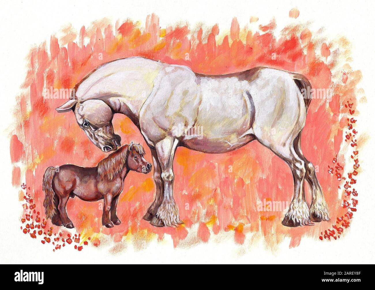 Les chevaux dans l'amour. Illustration du cheval de traction et du poney. Peinture acrylique. Banque D'Images