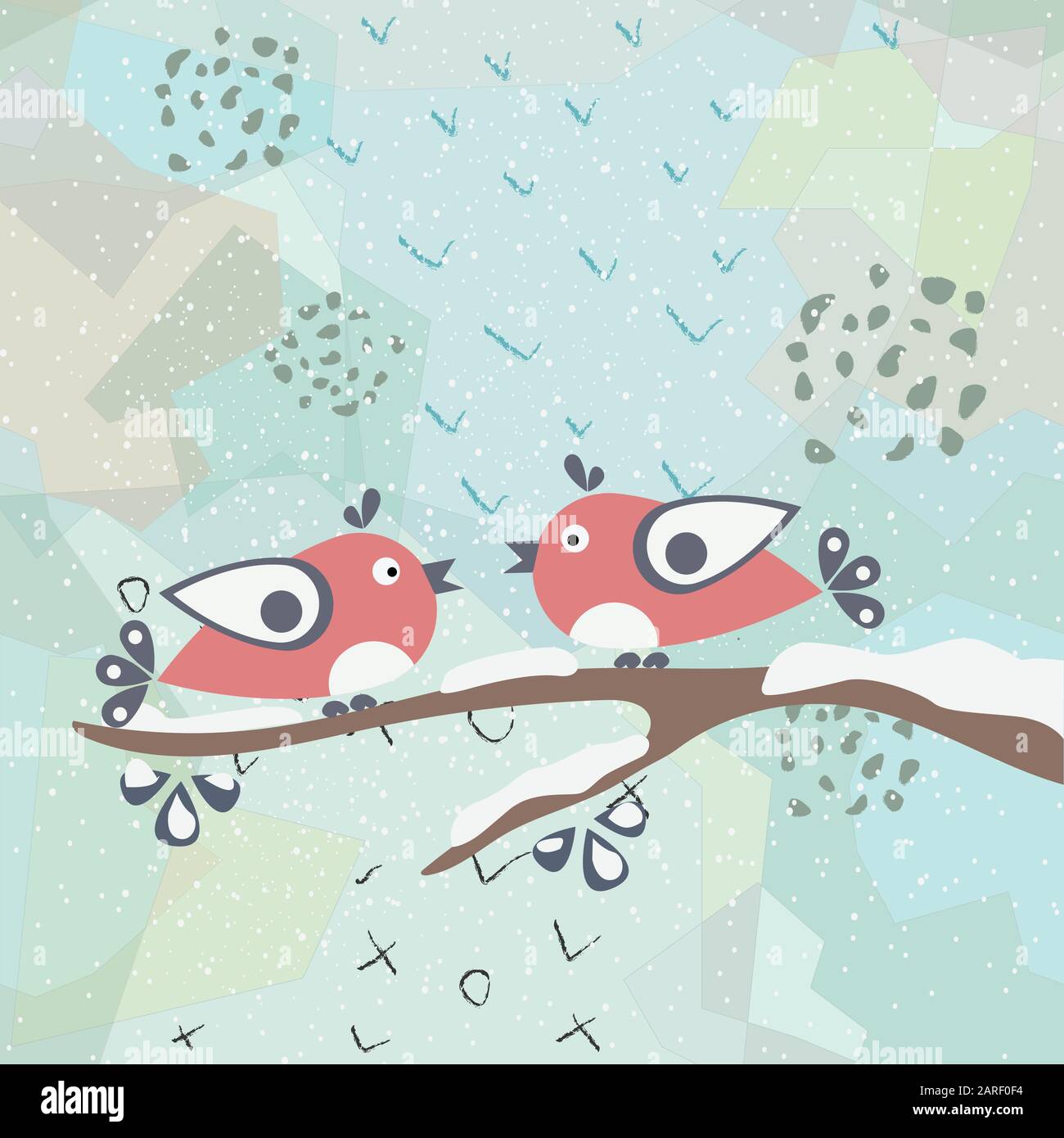 Les oiseaux d'hiver mignon tweeting sur une branche d'arbre couvert de neige. Première Neige. Vector Illustration Illustration de Vecteur